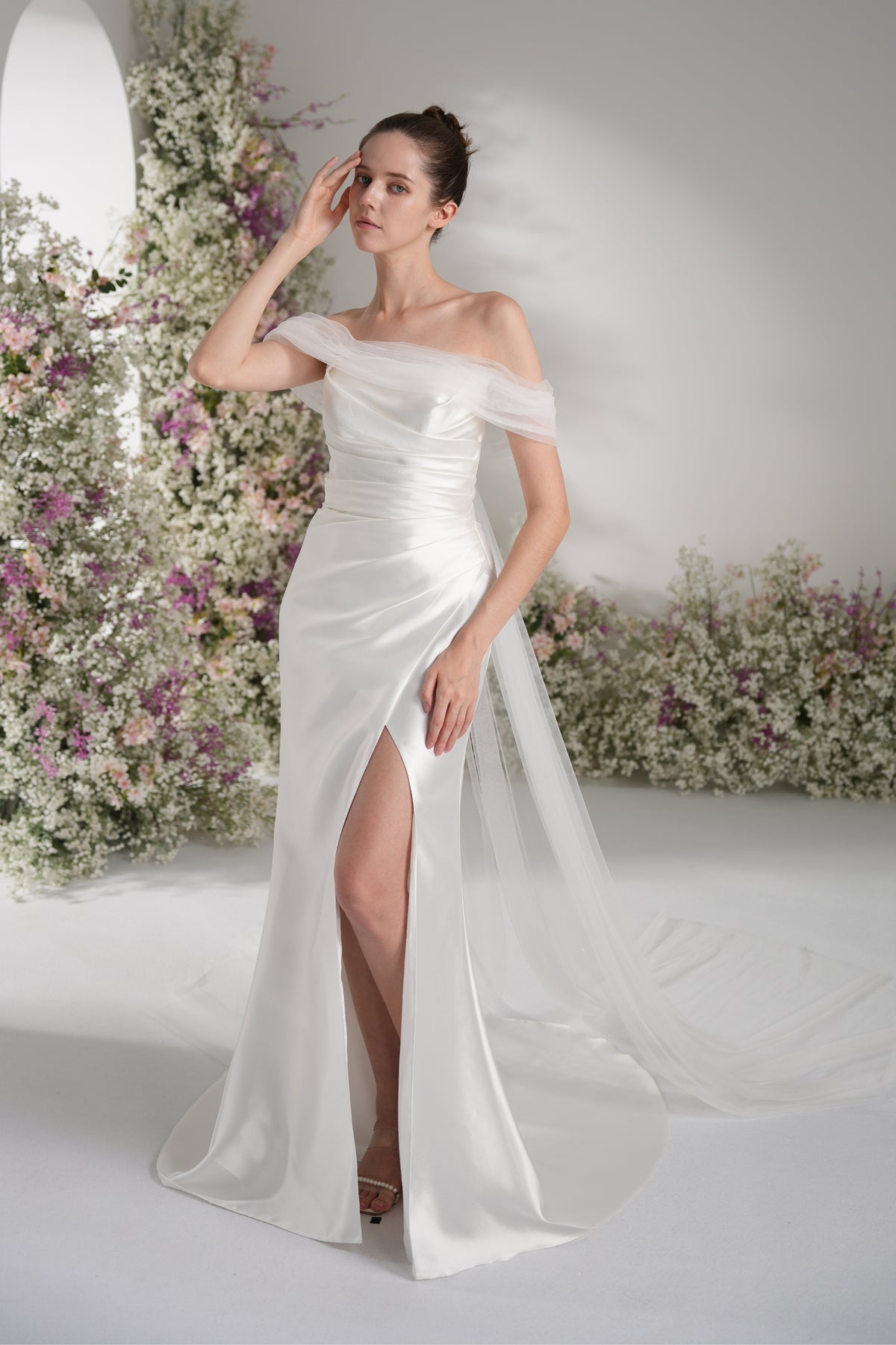 Trumpet/Mermaid Off-The-Shoulder Cape Ruffled Tulle Satin Wedding Dress With Court Train