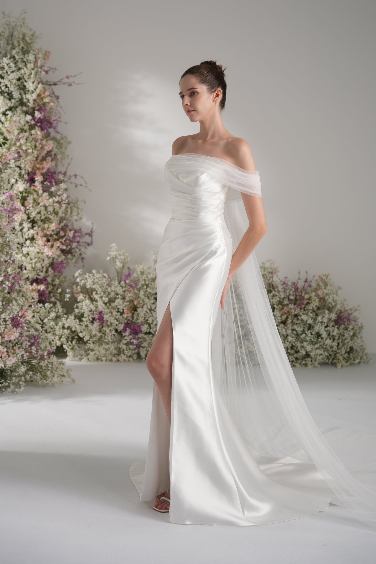 Trumpet/Mermaid Off-The-Shoulder Cape Ruffled Tulle Satin Wedding Dress With Court Train