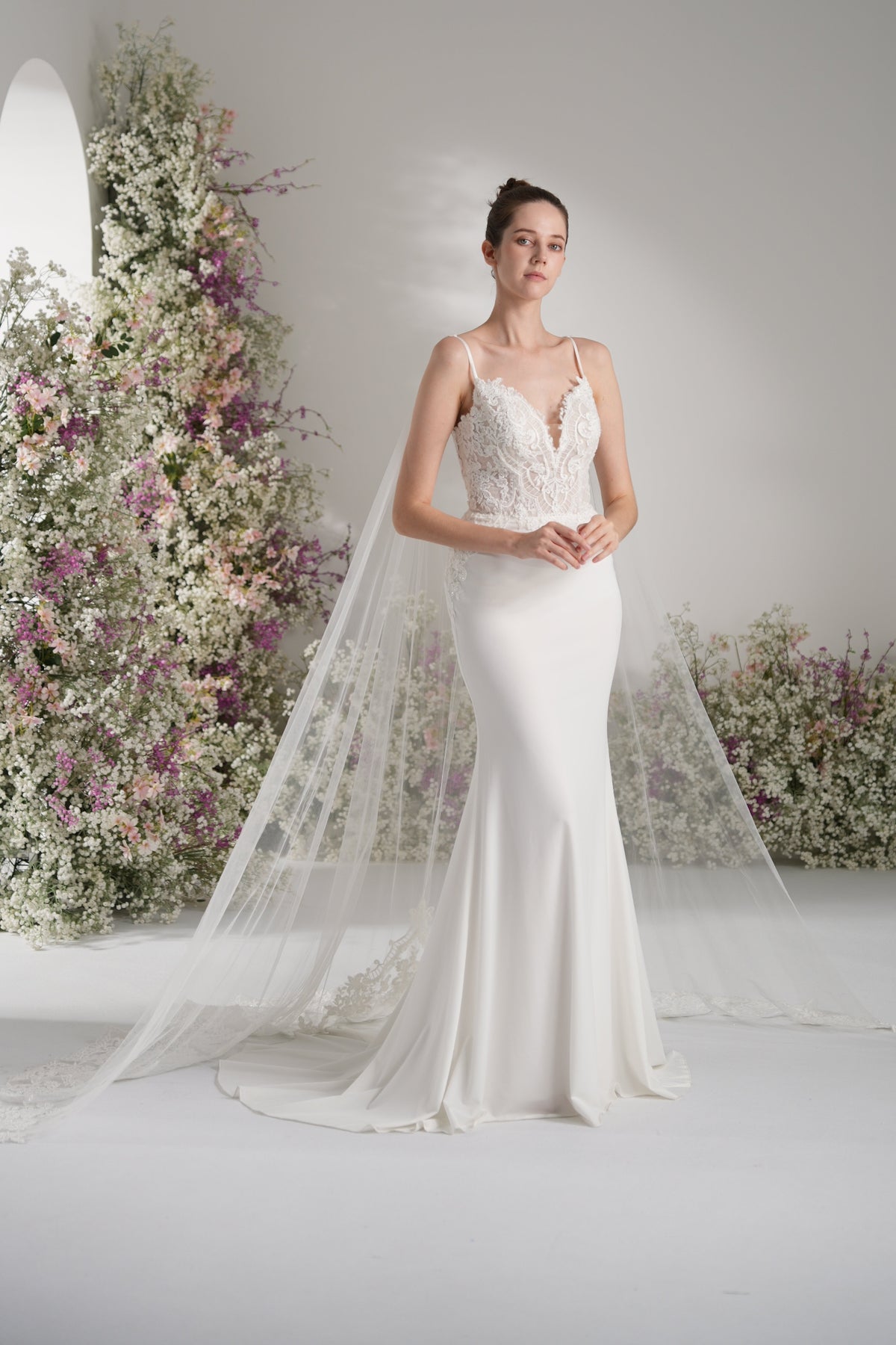 Trumpet/Mermaid Spaghetti Strap V Neck Lace Cape Stretch Satin Sexy Wedding Dress With Court Train