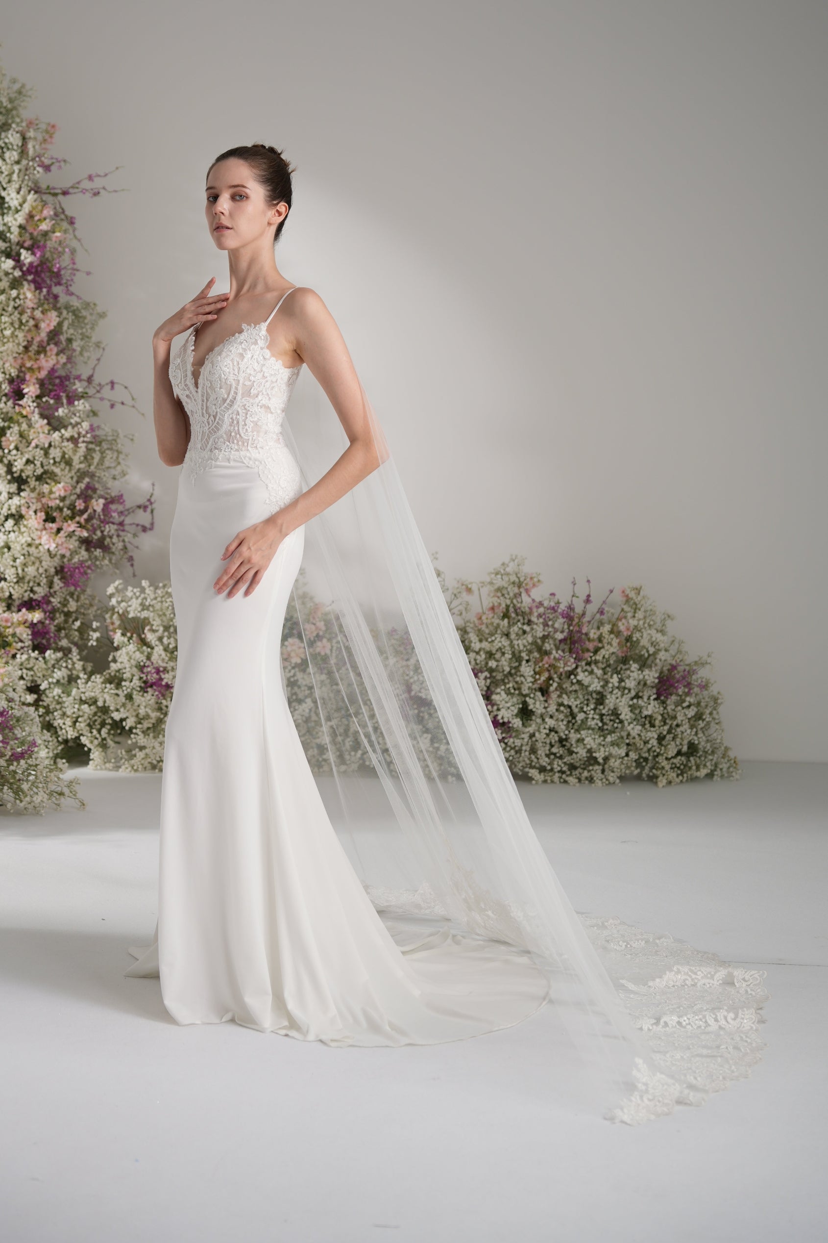 Trumpet/Mermaid Spaghetti Strap V Neck Lace Cape Stretch Satin Sexy Wedding Dress With Court Train