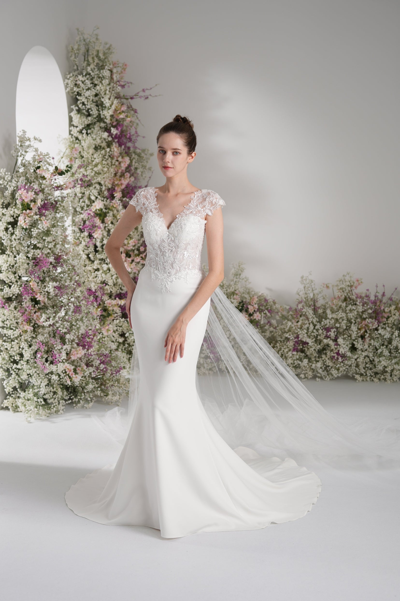 Trumpet/Mermaid V-neck sleeveless beading lace cape wedding dress  With Court Train