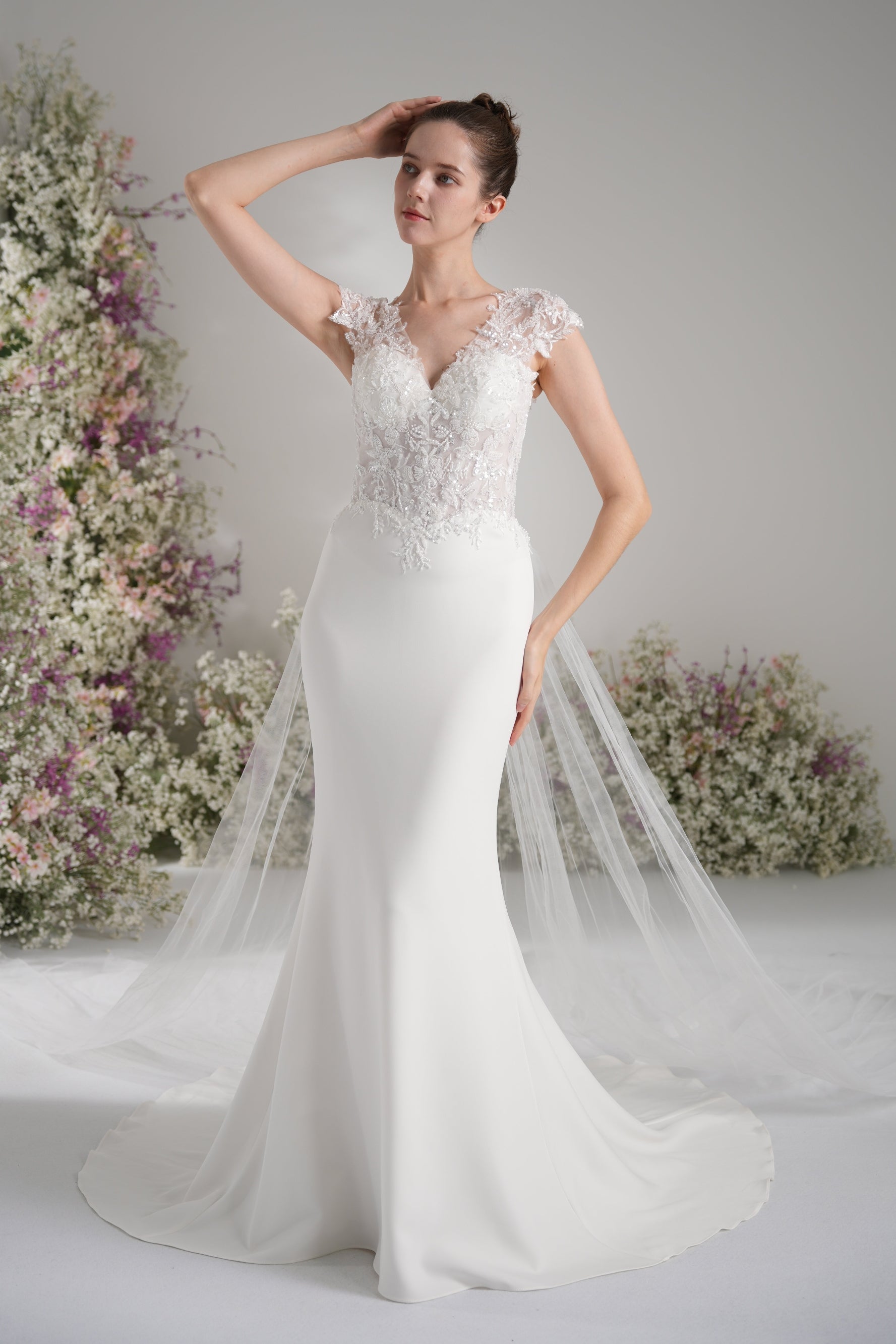 Trumpet/Mermaid V-neck sleeveless beading lace cape wedding dress  With Court Train