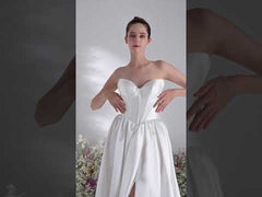 A-line Sweetheart Sleeveless High Slit  Satin Modest Wedding Dress With Court Train