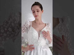 A-line Queen Neckline Long Sleeve Lace Applique Satin Wedding Dress With Court Train