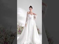 A-line Sweetheart Long Sleeve Satin Simple Wedding Dress With Court Train